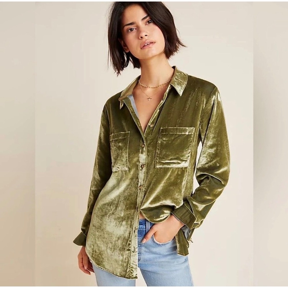 Anthropologie Marge Karina Velvet Button Up Olive Green Long Slv Blouse 4 SOFT